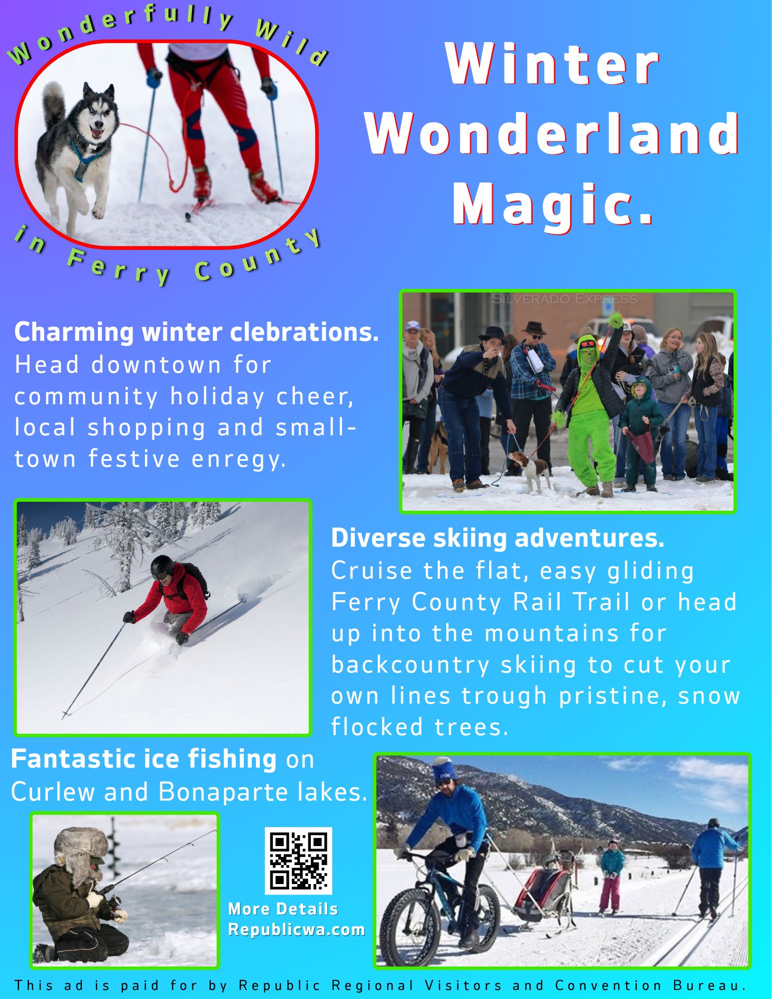 Flyer that reads Winter Wonderland Magic and describes activities going on in Ferry County in the winter including winter celebrations, skiing and ice fishing.